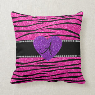 Monogram neon hot pink glitter zebra stripes pink cushion