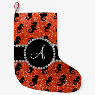 Monogram neon orange glitter seahorses small christmas stocking