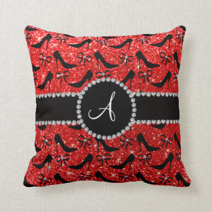 Monogram neon red glitter black high heels bow cushion