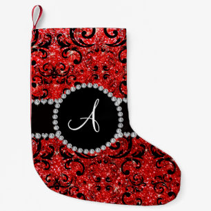 Monogram neon red glitter damask small christmas stocking