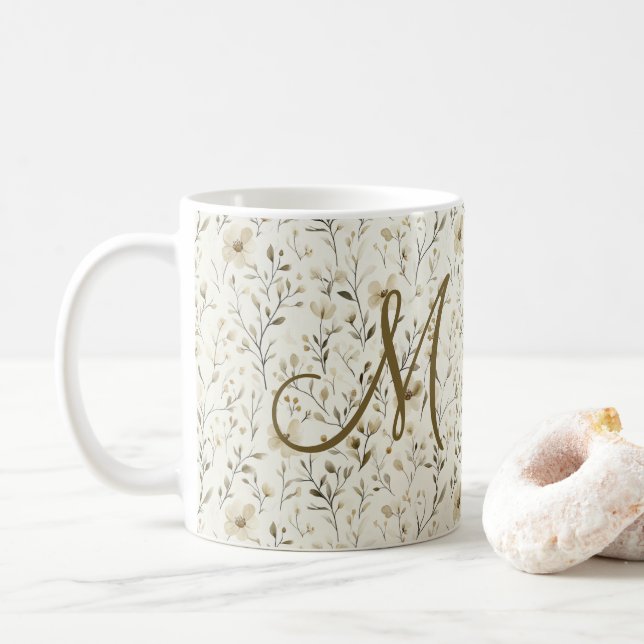 Monogram Neutral Boho Florals Wildflowers Flowers  Coffee Mug (With Donut)