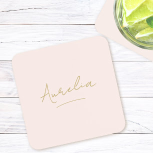 Monogram Neutral Modern Minimal Blush Gold Script Coaster
