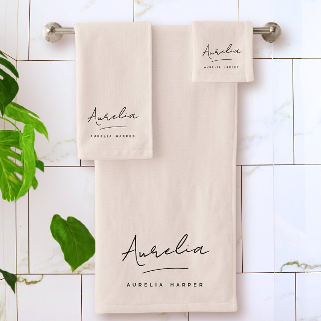 Monogram Neutral Modern Minimal Stylish Blush Pink Bath Towel Set (Creator Uploaded)