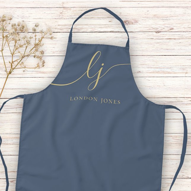 Monogram Neutral Modern Minimal Stylish Navy Gold Apron (Creator Uploaded)