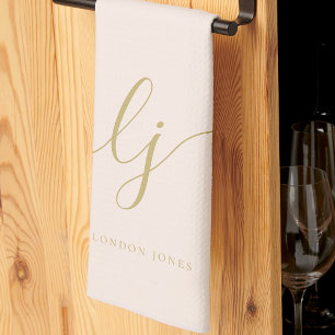 Monogram Neutral Simple Elegant Calligraphy Blush Tea Towel