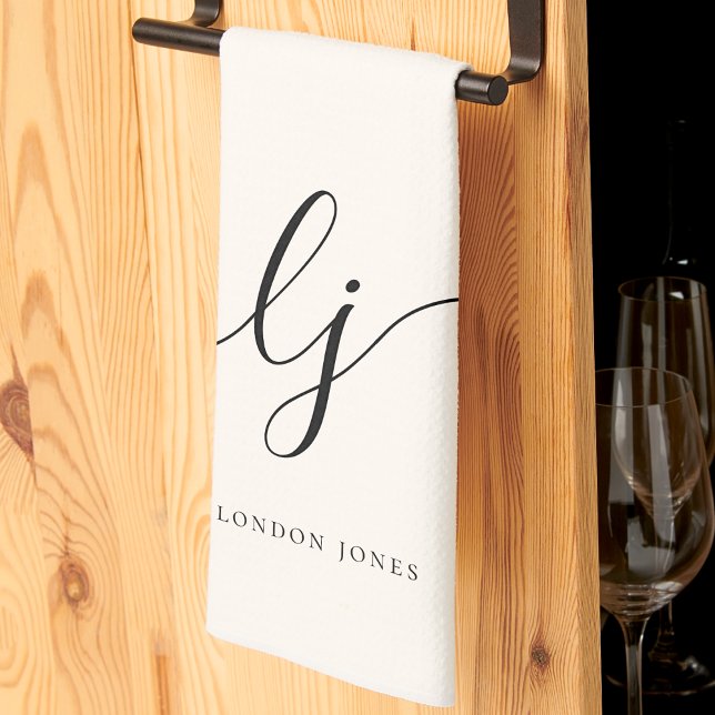 Monogram Neutral Simple Elegant Script Initials Tea Towel (Creator Uploaded)