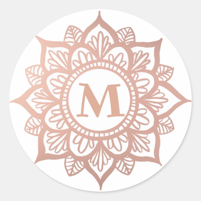 Monogram New Rose Gold Mandala Classic Round Sticker (Front)