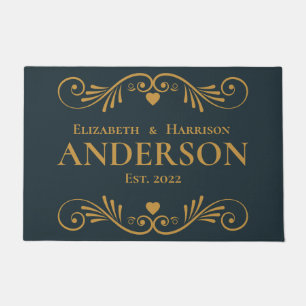 Monogram Newlywed Personalise Name Blue Gold Doormat