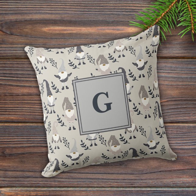 Monogram Nordic Christmas Gnomes and Greenery Grey Cushion (Creator Uploaded)