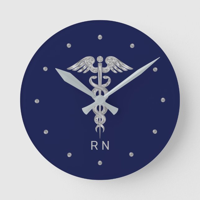 Monogram Nurse Silver Gray Caduceus on Navy Blue Round Clock (Front)