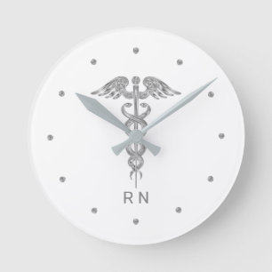 Monogram Nurse Silver Grey Caduceus on White  Round Clock