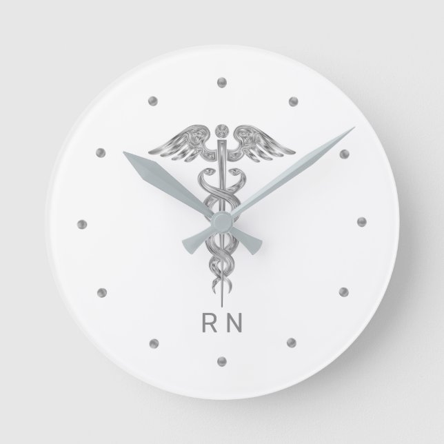 Monogram Nurse Silver Grey Caduceus on White  Round Clock (Front)