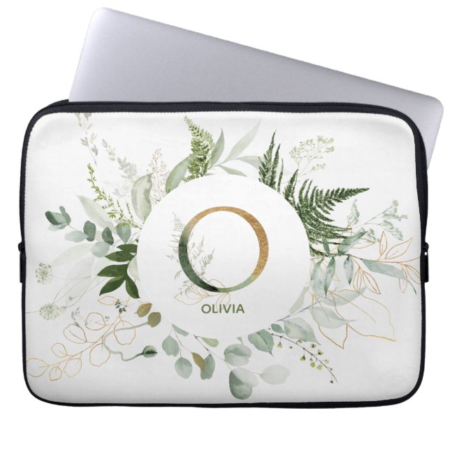 Monogram O Elegant Greenery Wreath Laptop Sleeve (Front)