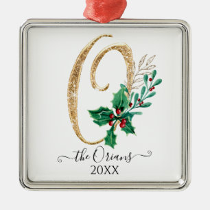 Monogram O Gold Glitter Christmas Holly Foliage Metal Ornament