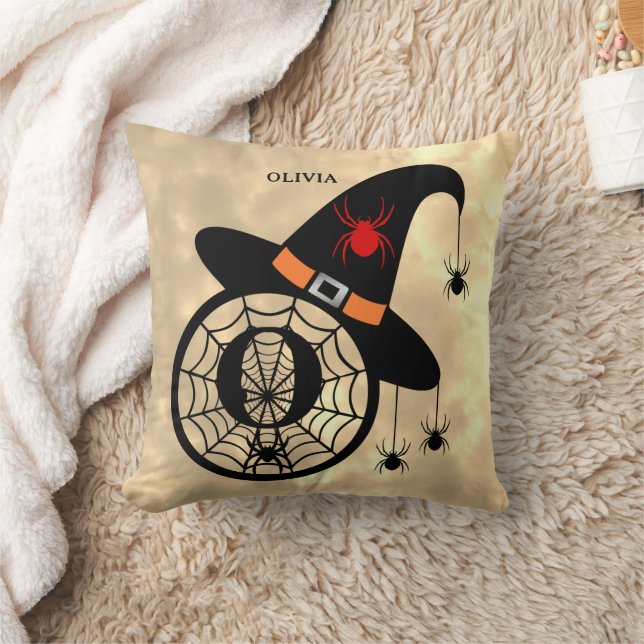 Monogram O Halloween Sky Witch Spiders Name Cushion (Blanket)