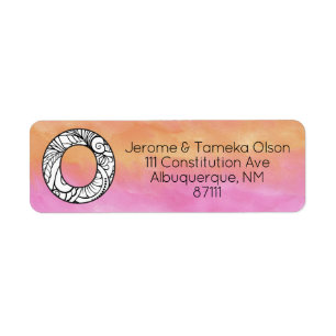 Monogram "O" Tangle Letter Orange Pink Watercolor Return Address Label