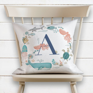 Monogram Ocean Animals Alphabet Letter A Cushion