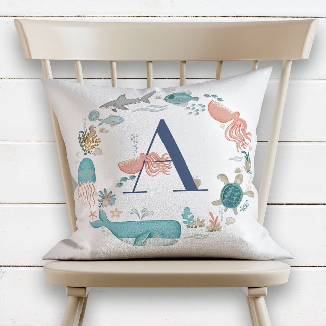 Monogram Ocean Animals Alphabet Letter A Cushion (Creator Uploaded)