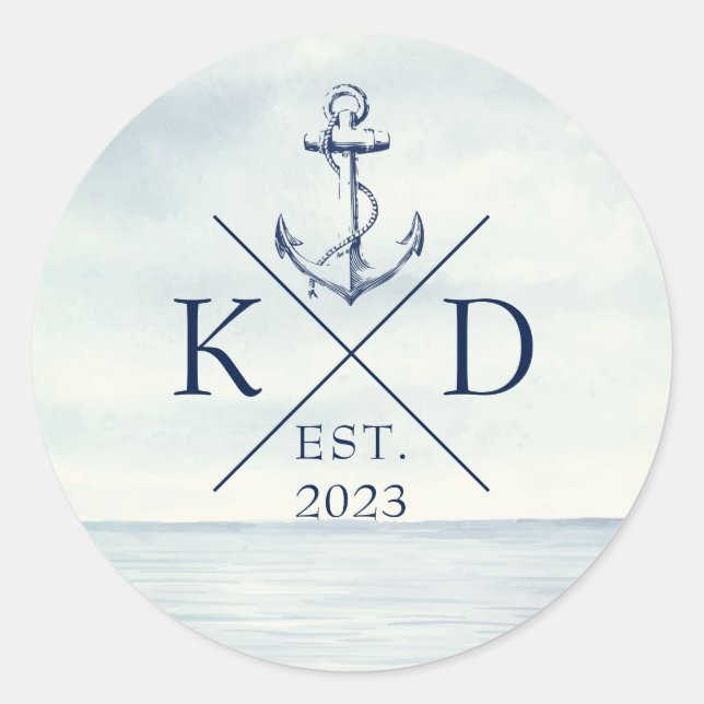 Monogram Ocean Nautical Anchor Classic Round Sticker (Front)