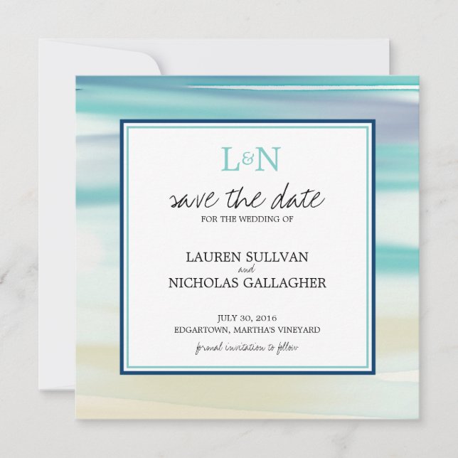 Monogram Ocean Watercolor Save the Date (Front)