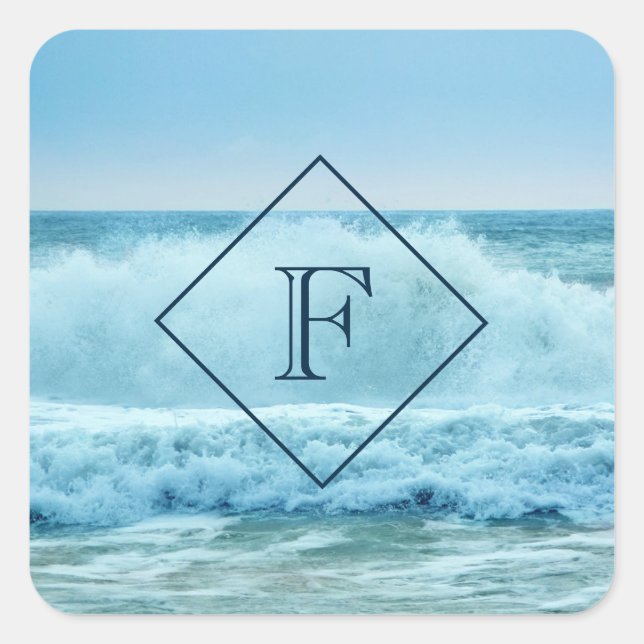 Monogram Ocean Wave Crashing on Shore Square Sticker (Front)
