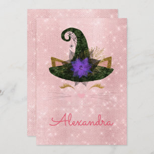 Monogram October Sparkle Kitty Birthday Invitation