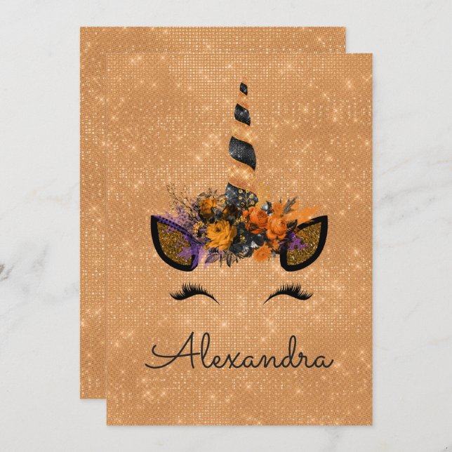 Monogram October Sparkle Unicorn Birthday Invitation (Front/Back)