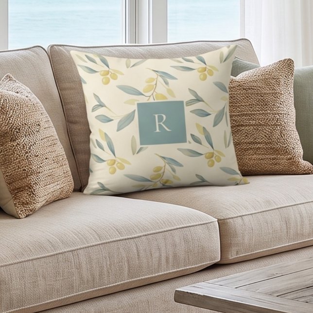 Monogram Olive Branch Mediterranean Throw Pillow (Creator Uploaded)