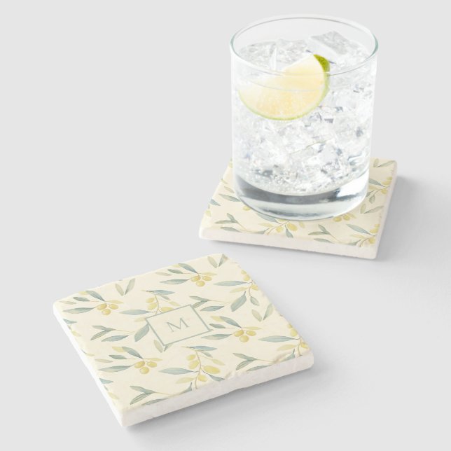 Monogram Olive Branch Mediterranean Throw Pillow Stone Coaster (Side)