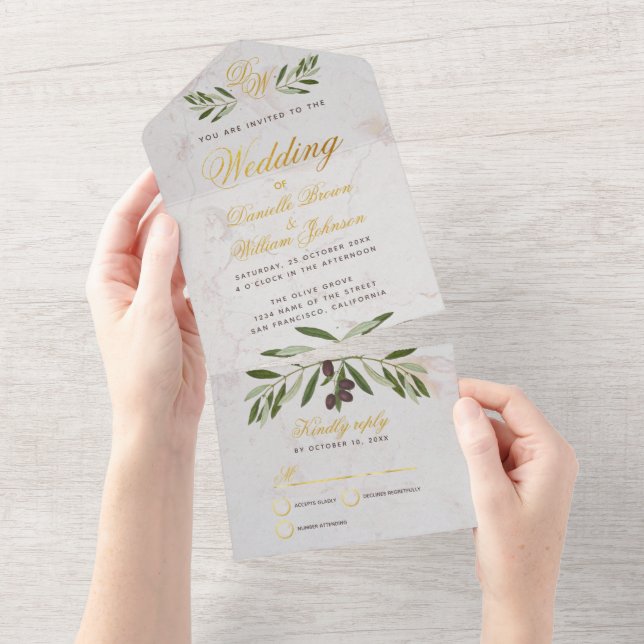 Monogram Olive Branch Wedding Elegant Faux Gold All In One Invitation (Tearaway)