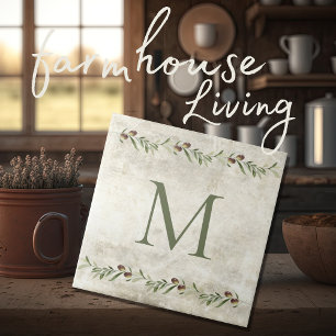 Monogram Olive & Branches Rustic Personalized Ceramic Tile