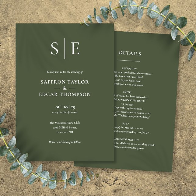 Monogram Olive Green All In One Wedding Invitation (Monogram Olive Green All In One Wedding Invitation)