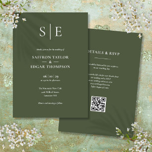 Monogram Olive Green QR Code Wedding Invitation