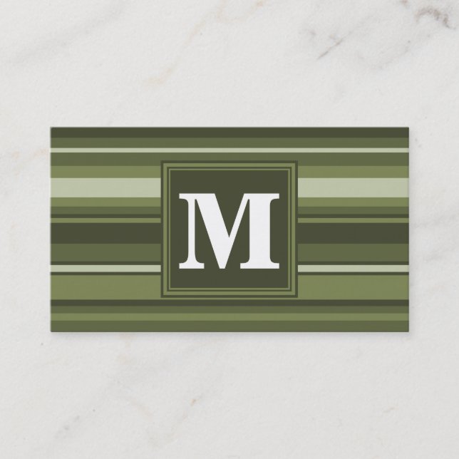 Monogram olive green stripes business card (Front)
