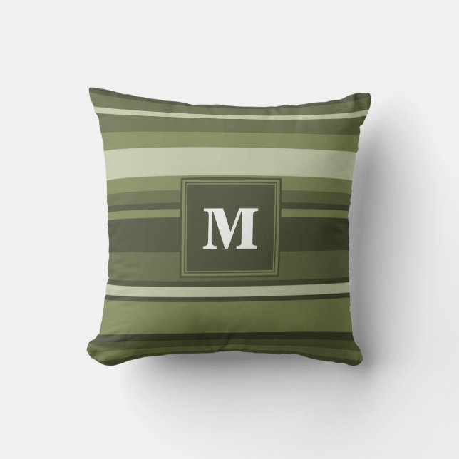 Monogram olive green stripes cushion (Front)