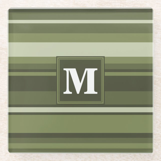 Monogram olive green stripes glass coaster (Front)