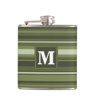 Monogram olive green stripes hip flask