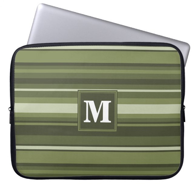 Monogram olive green stripes laptop sleeve (Front)