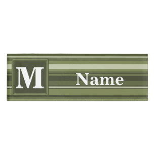 Monogram olive green stripes name tag