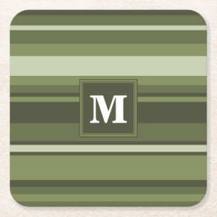Monogram olive green stripes square paper coaster