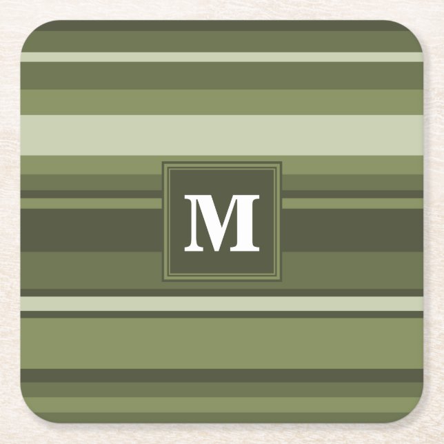Monogram olive green stripes square paper coaster (Front)