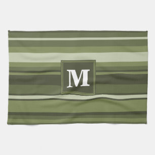 Monogram olive green stripes tea towel