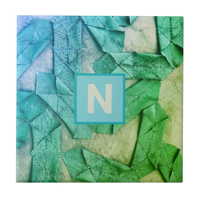 Monogram ombre cyan teal green nautical abstract  ceramic tile (Front)