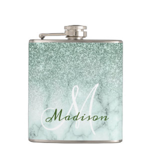 Monogram Ombre Mint Green Marble Glitter Hip Flask