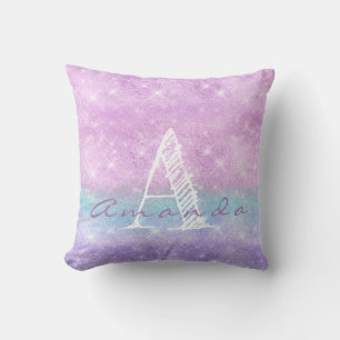 Monogram Ombre Name Lavender Blu Pastel Watercolor Cushion