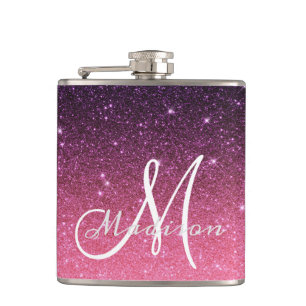 Monogram Ombre Pink Purple Glitter Gift Hip Flask