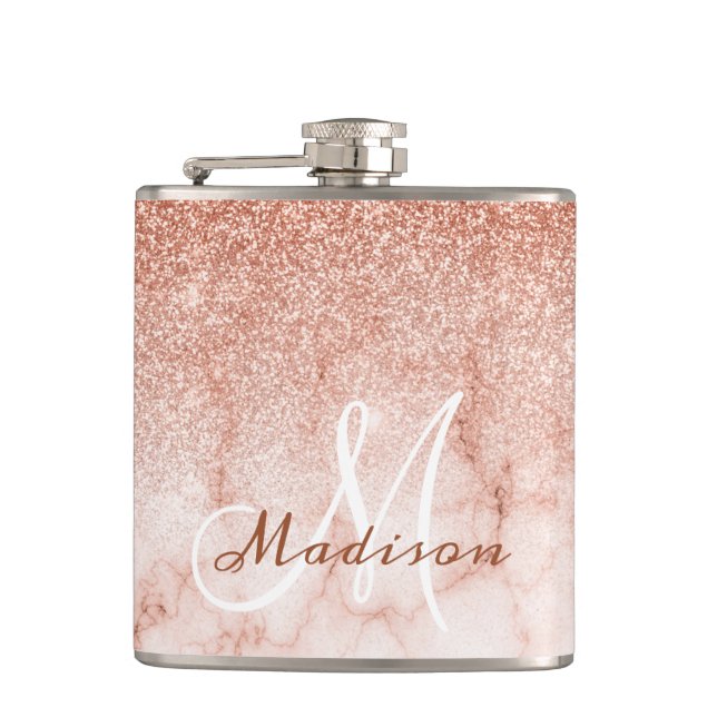 Monogram Ombre Rose Gold Marble Glitter Hip Flask (Front)