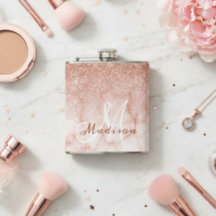 Monogram Ombre Rose Gold Marble Glitter Hip Flask