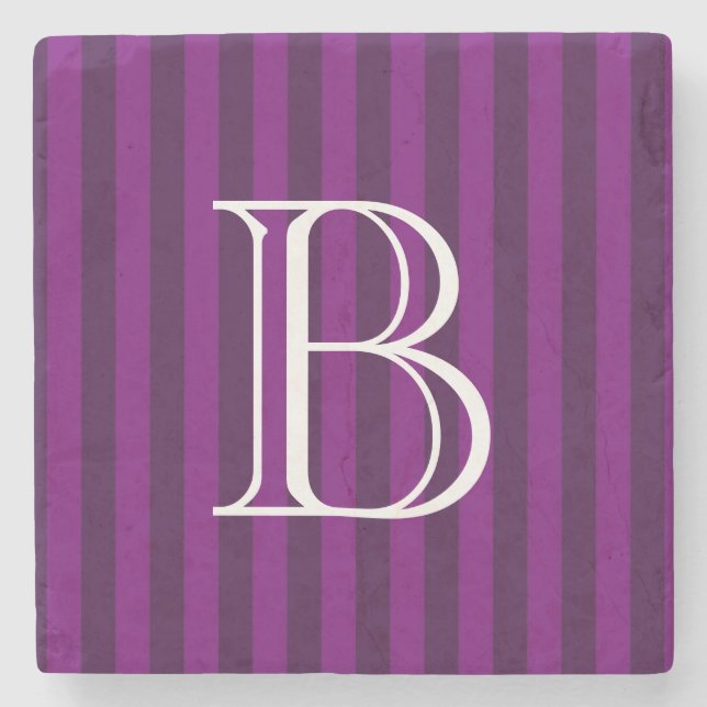 Monogram on a Purple Striped Pattern Stone Coaster (Front)