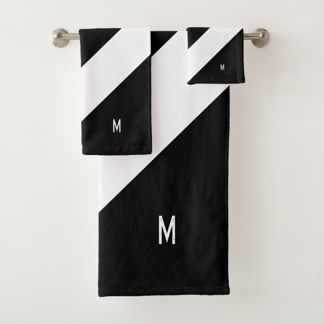 Monogram on Abstract Black & White Striped Bath Towel Set (Insitu)